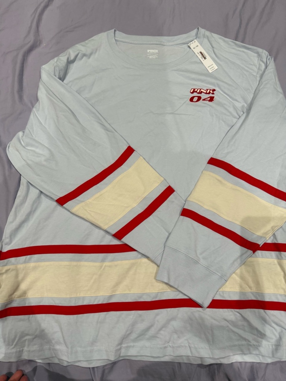 PINK Victoria's Secret Light Blue Long-Sleeve Shirt with Red and Cream Stripes